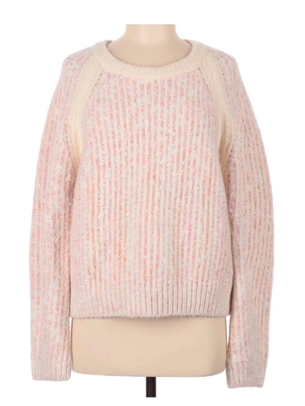 J. Crew Cream and Pink Flecked Ribbed Scoopneck Sweater